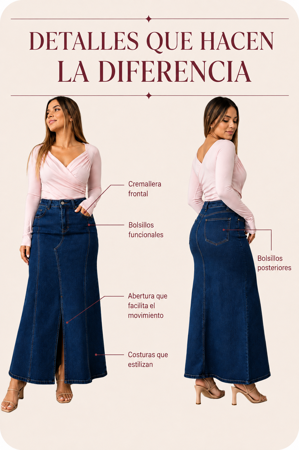Detalles que hacen la diferencia en la Falda Boho: cremallera, bolsillos, abertura y costuras