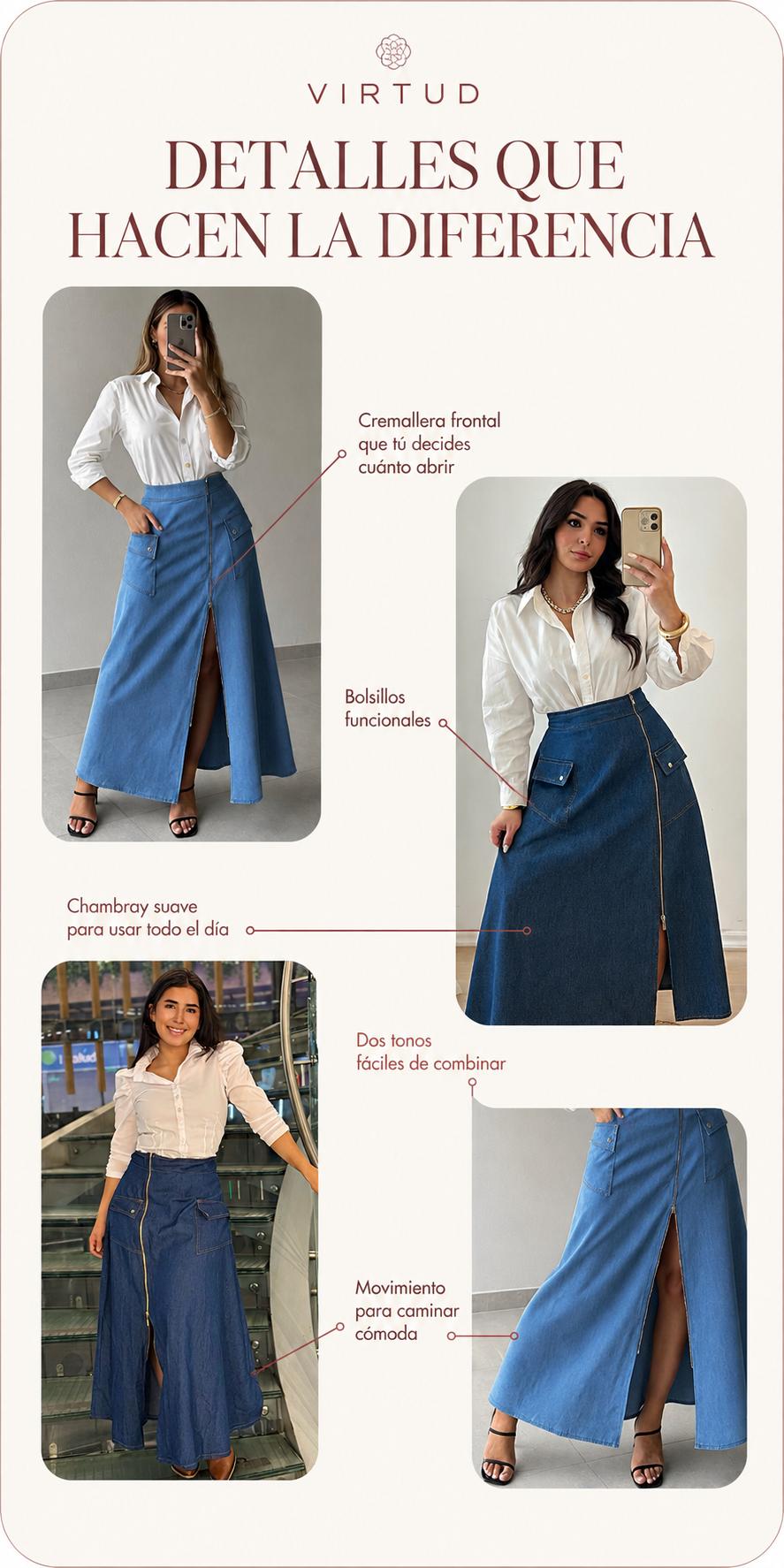 Detalles de la Falda Cremallera Chambray: cremallera frontal, bolsillos funcionales, tela suave, dos tonos y movimiento
