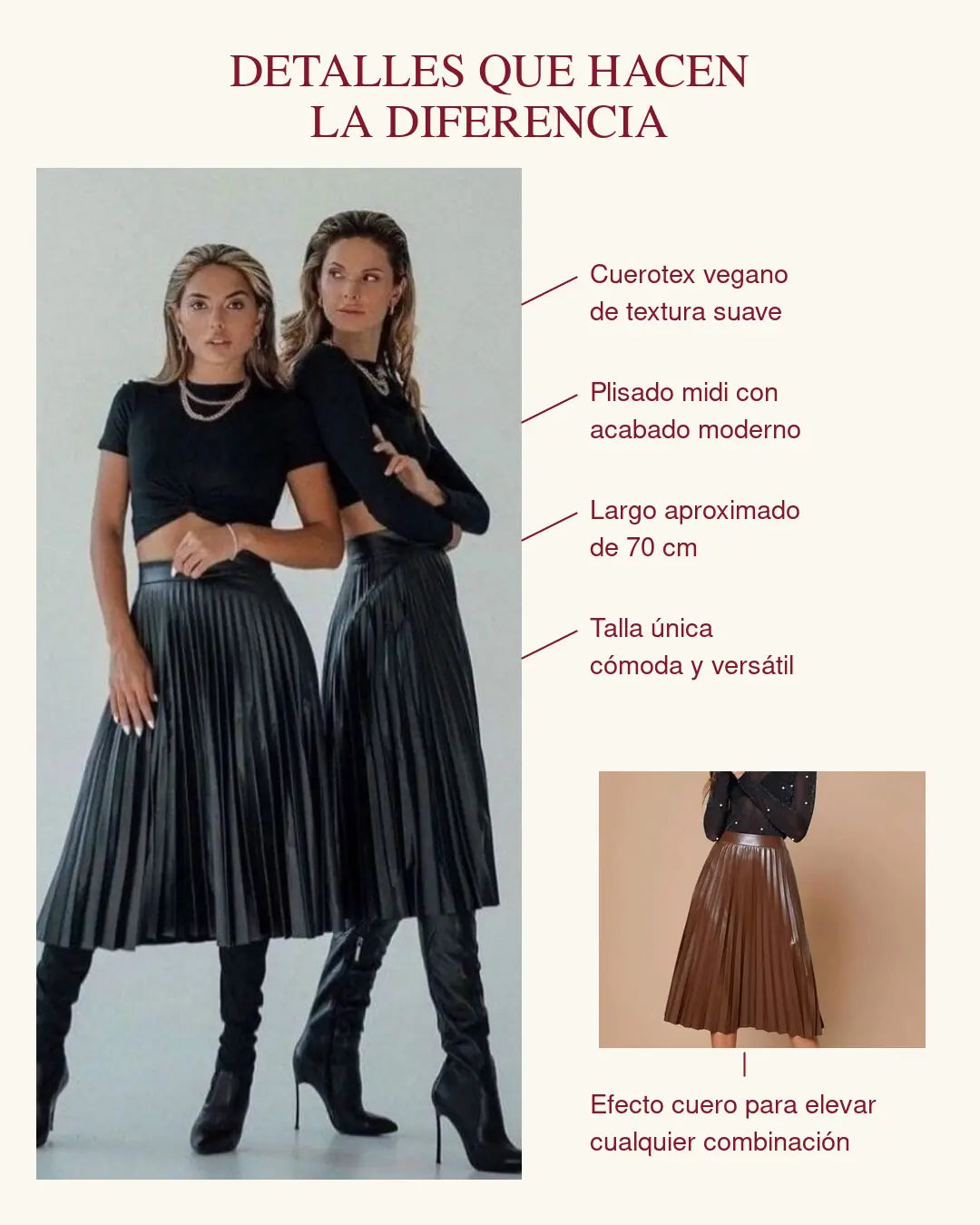 Detalles de la Falda Plisada Midi Tipo Cuero