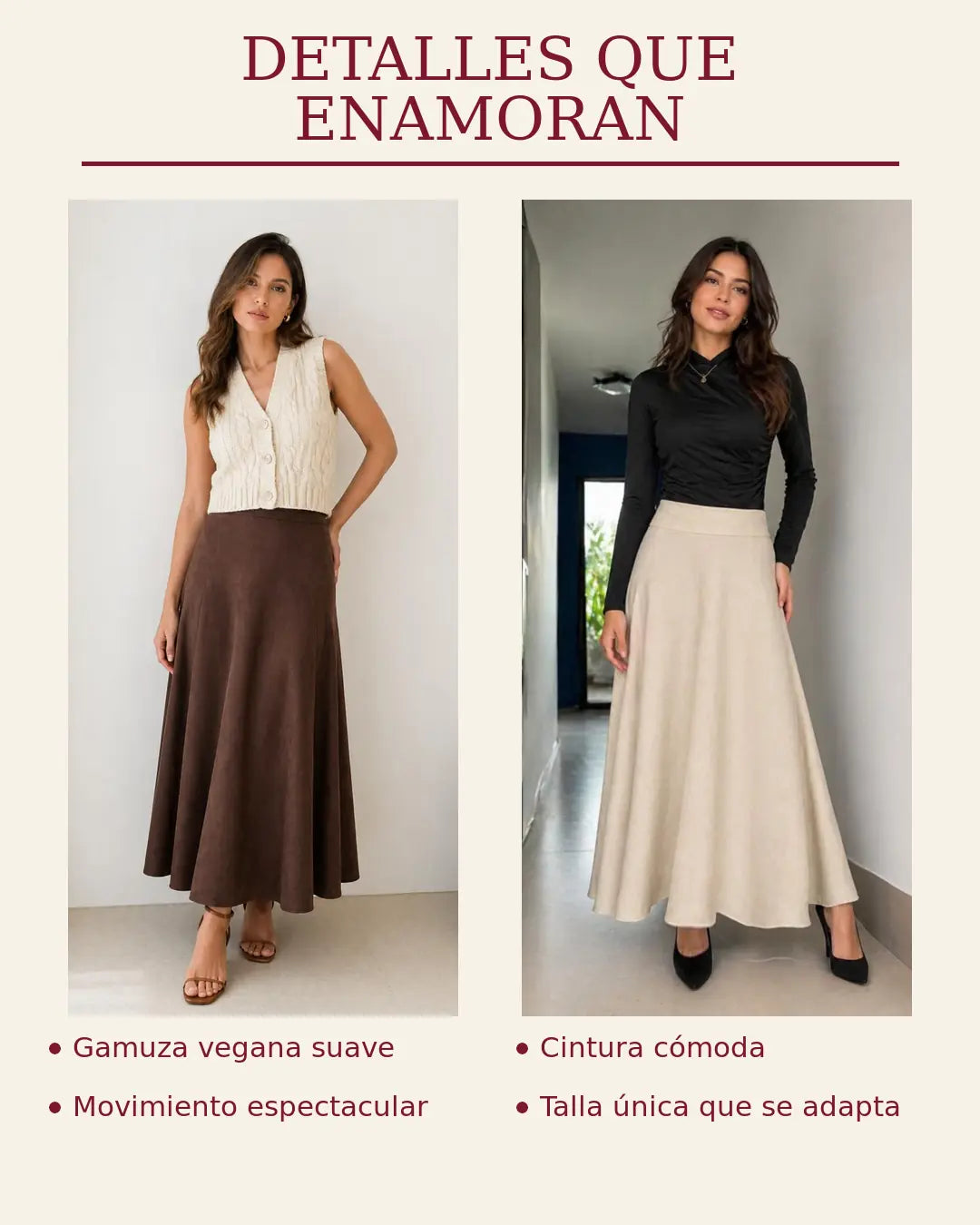 Detalles y beneficios de la Falda Rotonda Gamuzada
