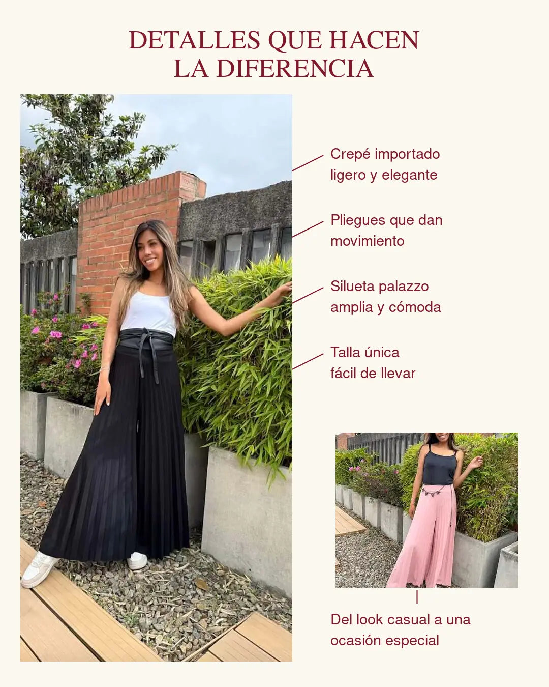 Detalles del pantalón plisado: tela, pliegues, movimiento y silueta palazzo