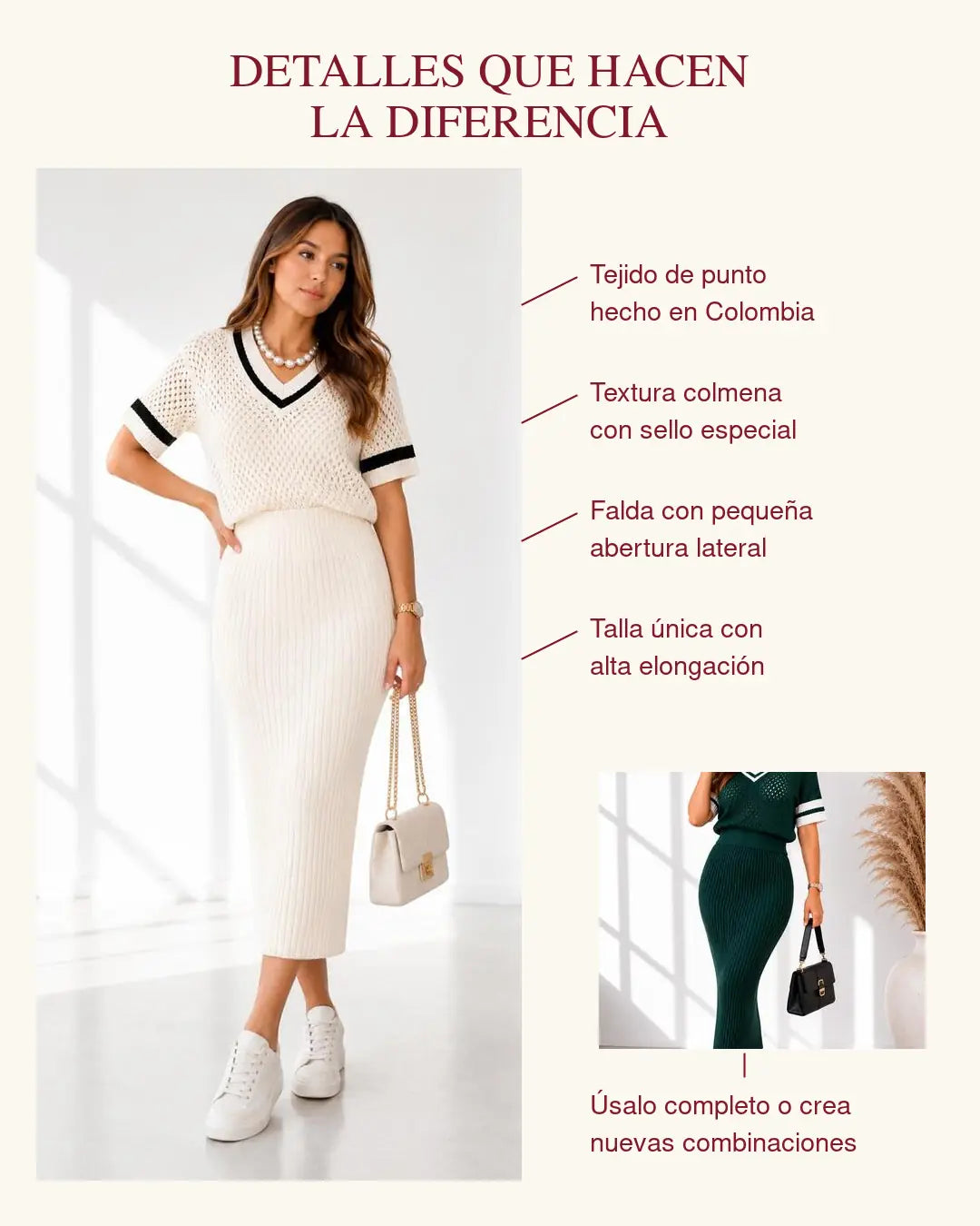 Detalles del Set Colmena: tejido, textura artesanal, falda y elongación